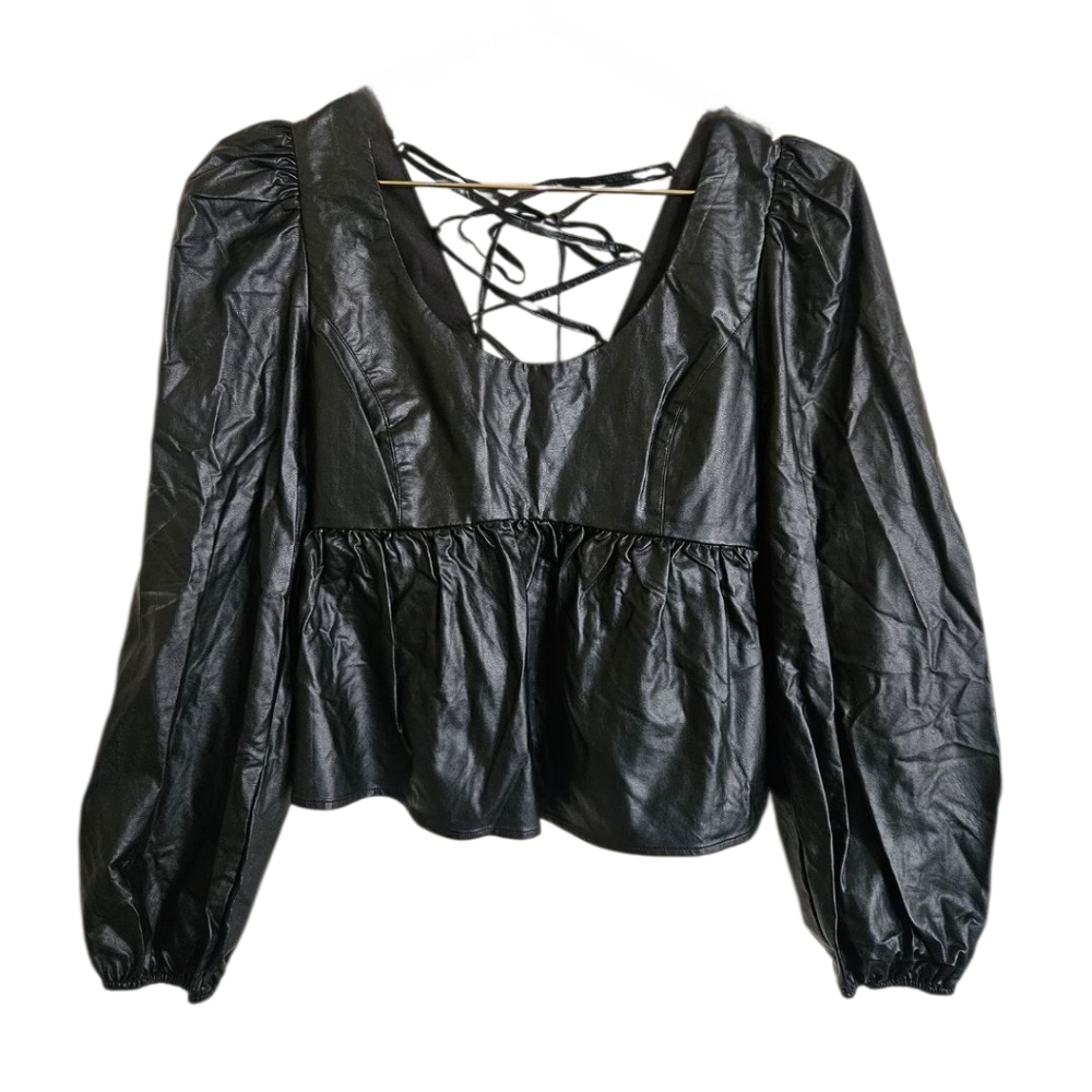 Idem Ditto Women's Black Faux Leather Peblum Top Small